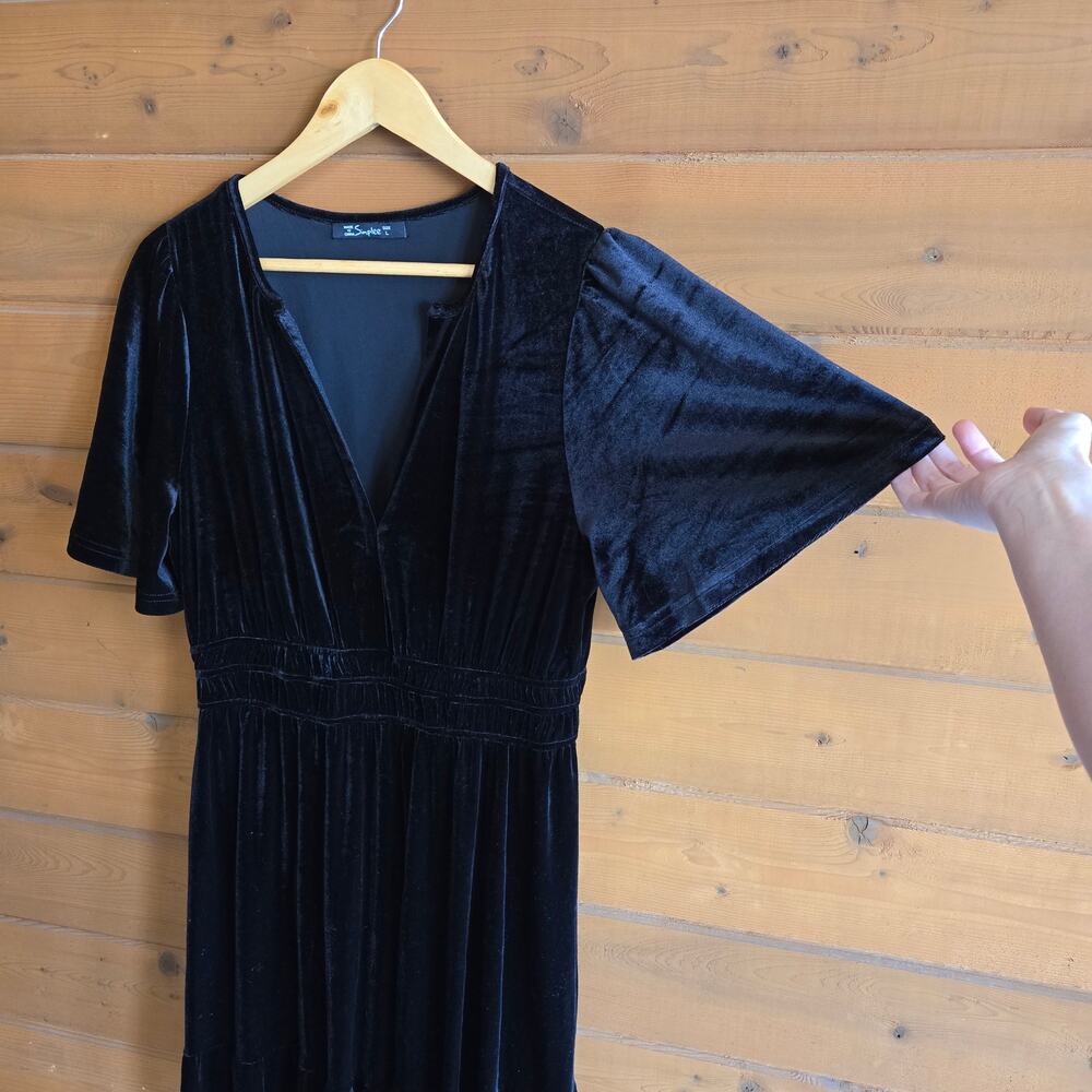 Simplee Dress Velvet Maxi Black Tiered Flowy Cinch Waist Vneck L Boho Bridesmaid - Picture 3 of 6